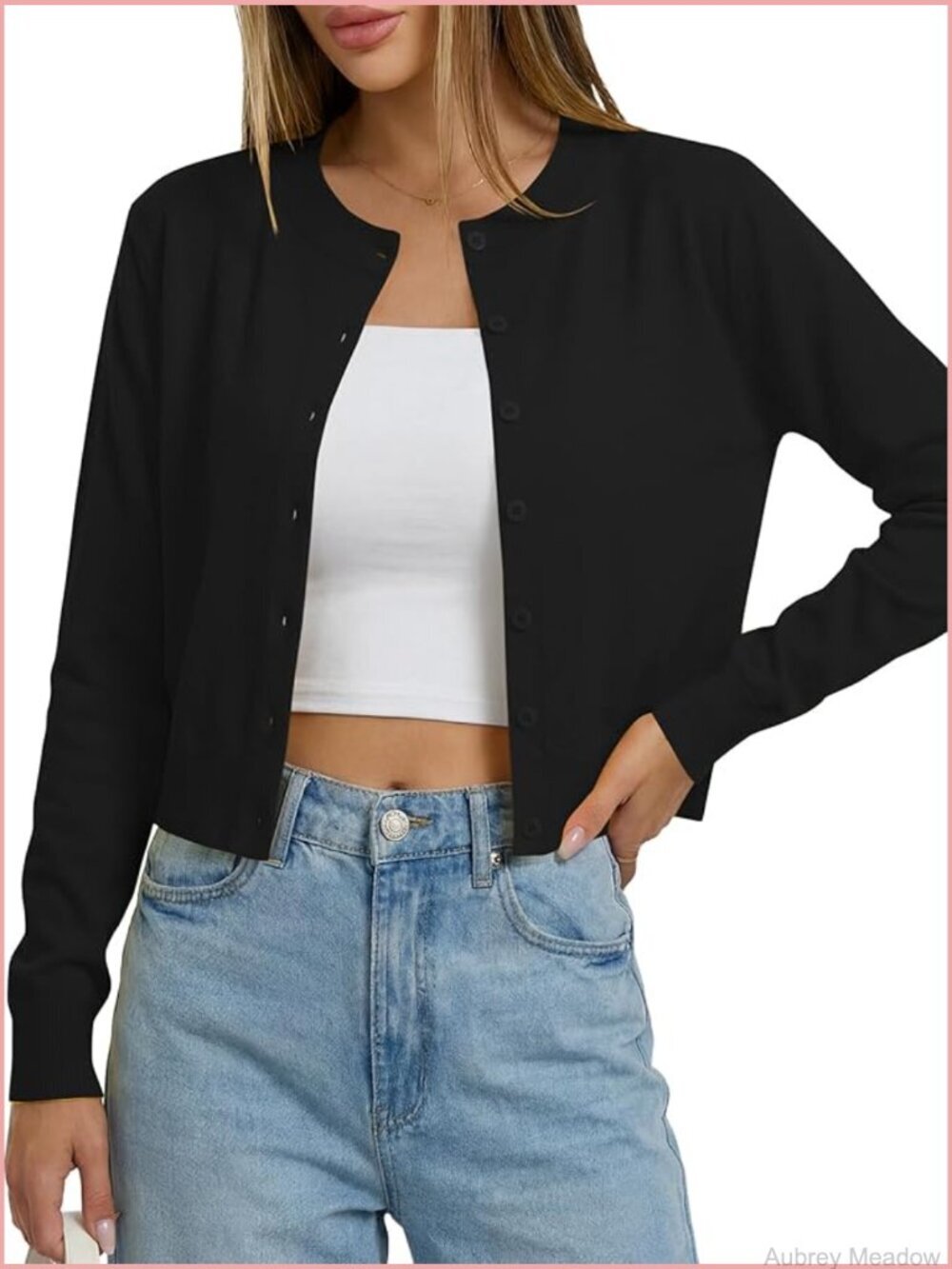 Cropped Cardigan Sweater Button Down Long Sleeve Crew Neck Knit